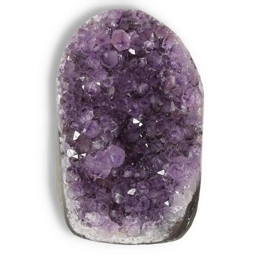 Amethyst cut base geode with rich purple crystals, ideal for enhancing spiritual well-being and stress relief, by Sylvia Crystals.