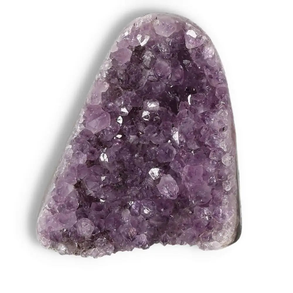 Amethyst cut base geode from Sylvia Crystals, showcasing luxurious purple crystals, ideal for decor and spiritual enhancement.