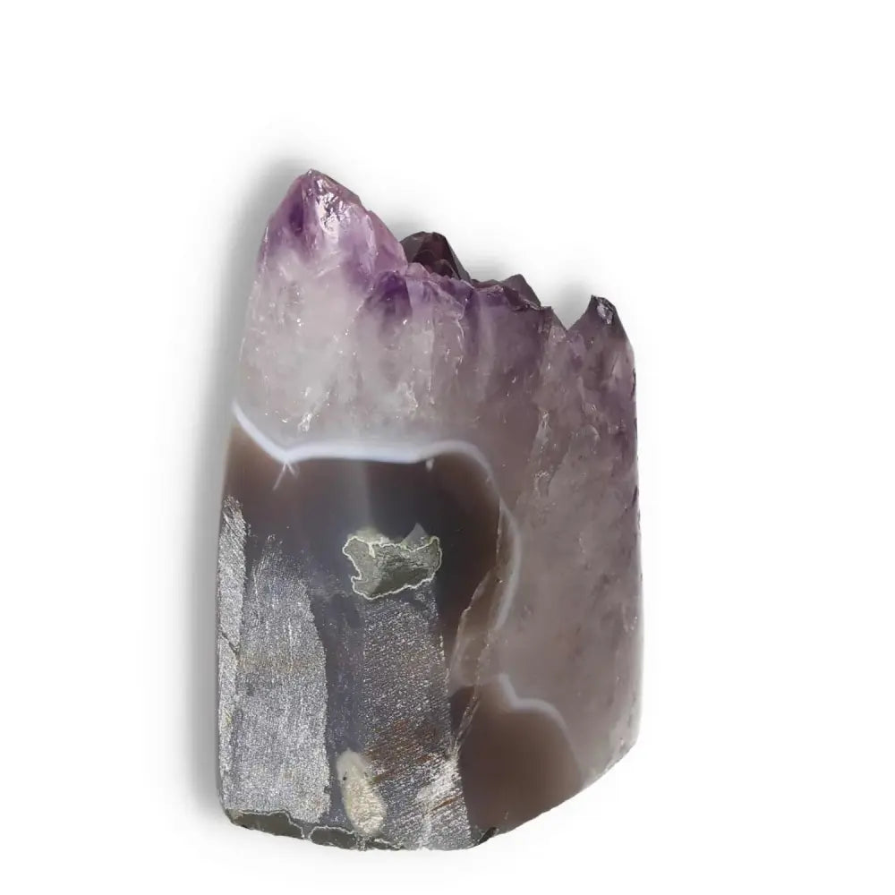 Premium Amethyst cut base geode with vivid violet hue, curated by Sylvia Crystals, known for stress relief and focus enhancement.