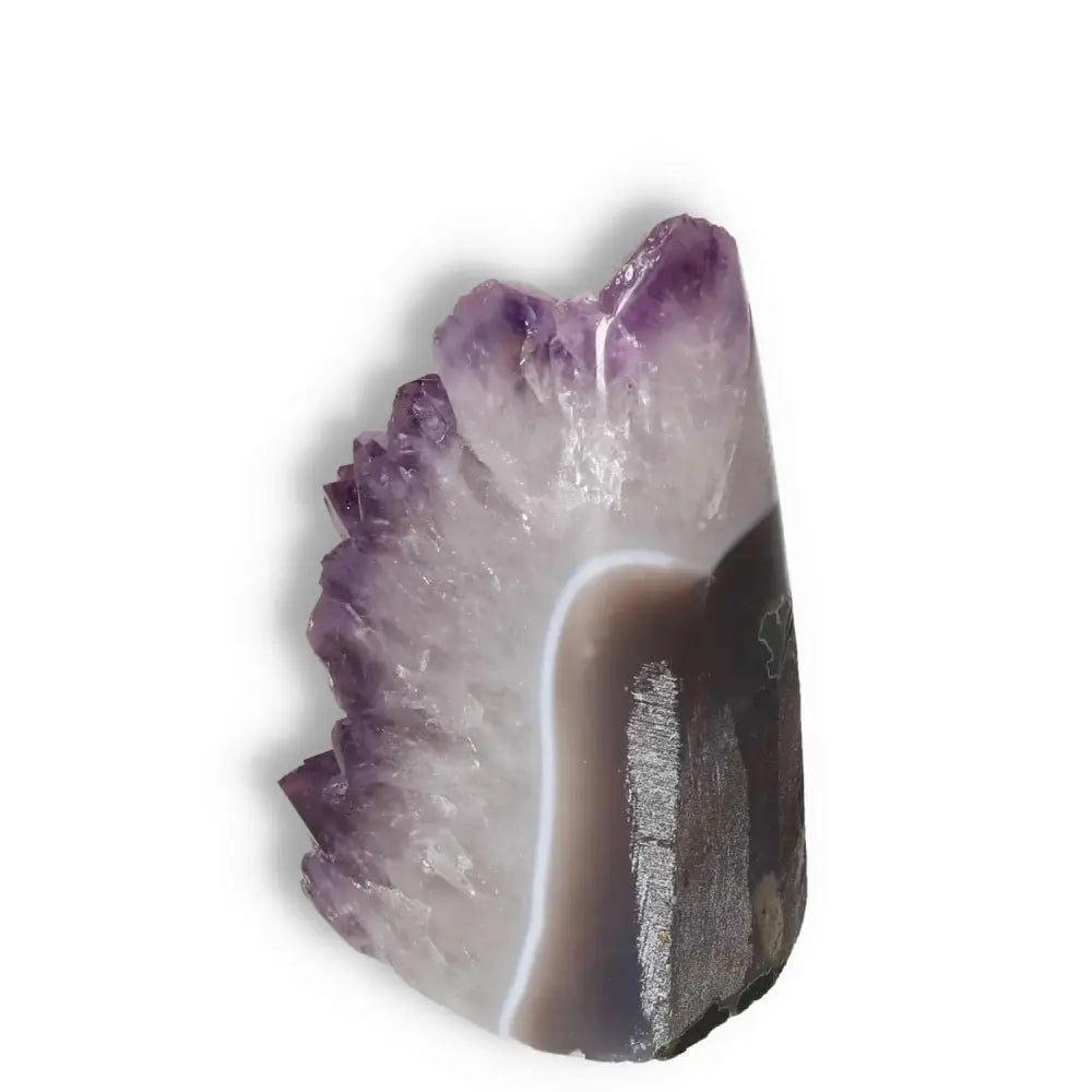 Amethyst cut base geode showcasing vibrant violet hue by Sylvia Crystals, ideal for stress relief and focus enhancement.