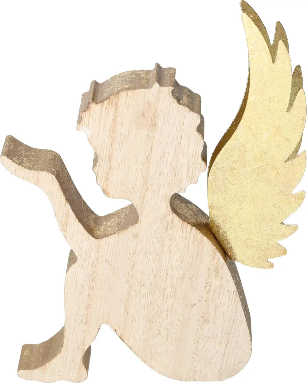 Elegant angel figurine in gold wood and metal by Sylvia Crystals, showcasing a blend of warmth and opulence, perfect for spiritual decor.