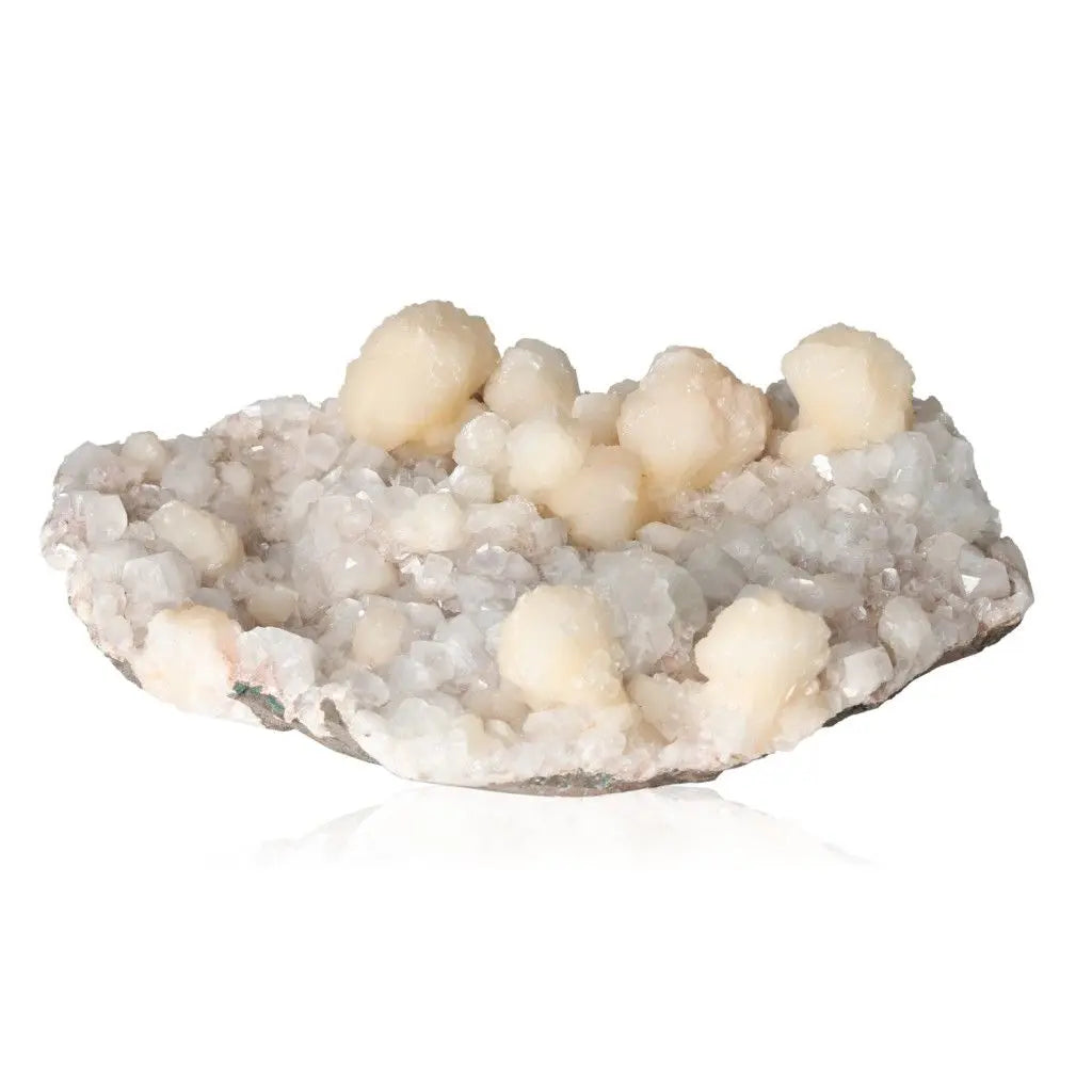 Apophyllite with Stilbite crystal cluster from Sylvia Crystals, promoting mental clarity and spirituality, on a white background.