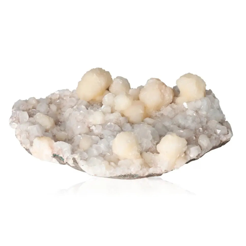 Apophyllite with Stilbite crystal cluster, enhancing serenity and spiritual enlightenment, available at Sylvia Crystals.