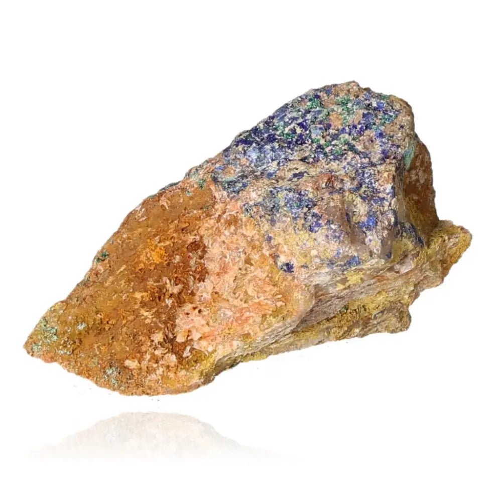 Azurite mineral showing deep blue hues and unique patterns, known for boosting mental clarity and aiding self-awareness.