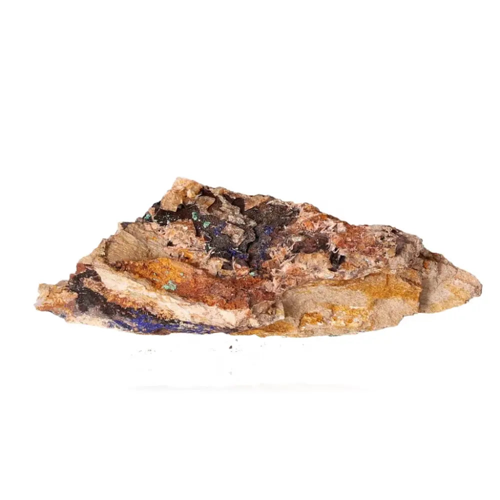 Azurite mineral rock with deep blue hues and coppery patterns, ideal for mental clarity and personal growth, on a white background.