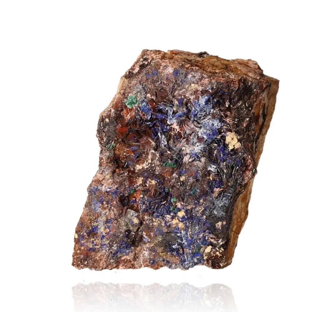 Azurite mineral rock with deep blue hues and unique patterns, known for enhancing mental clarity and spiritual growth.