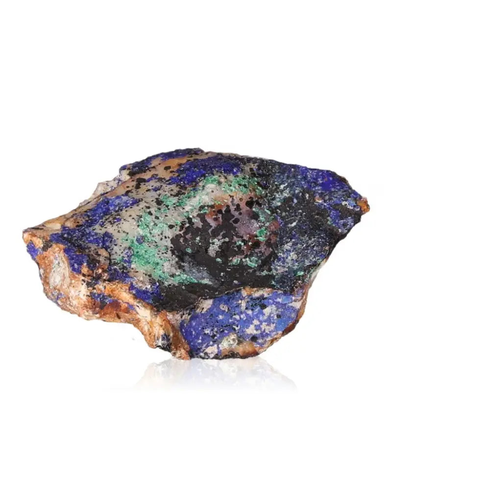Azurite with Malachite stone showcasing rich blue and green hues against a white background.