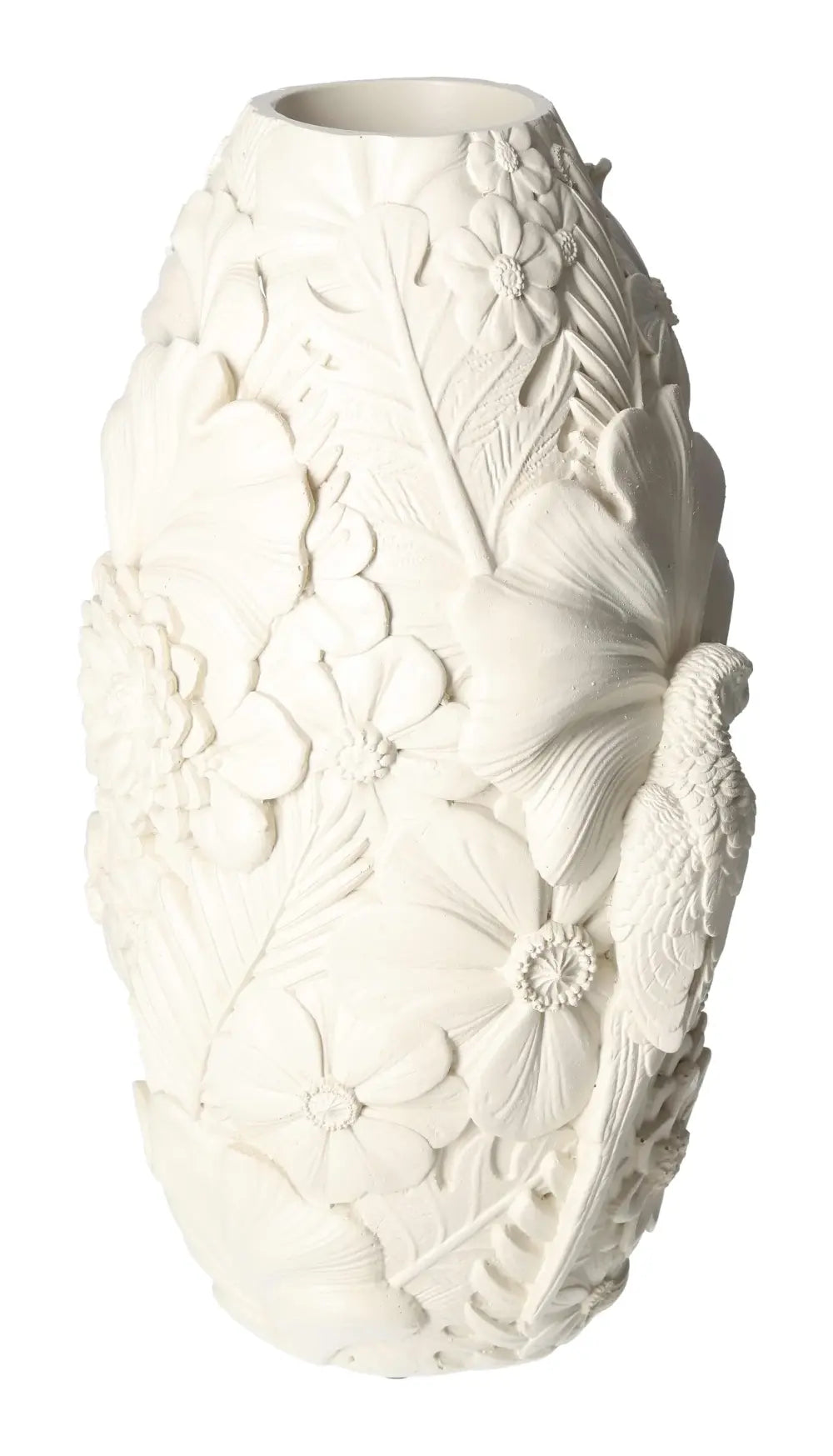 Beige polyresin vase with bird motif, 16x15.5x29.5 cm, luxury home decor by Sylvia Crystals.