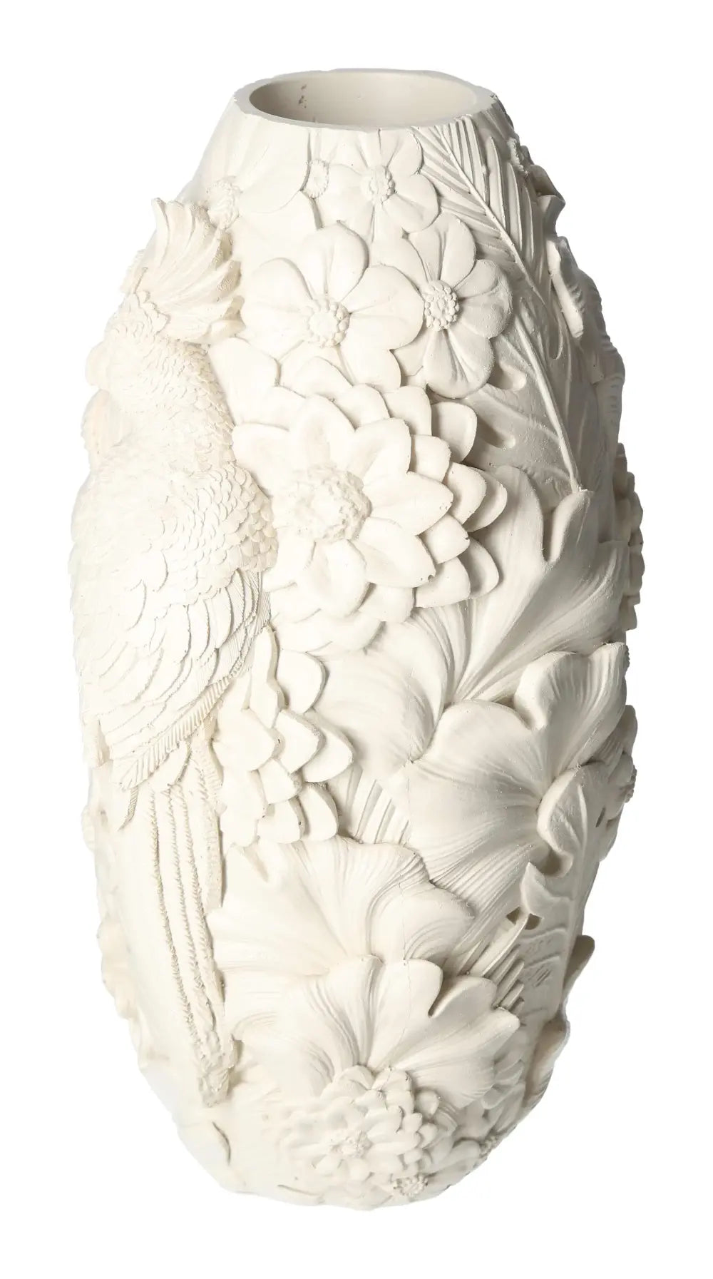 Beige Polyresin Vase with Bird Motif by Sylvia Crystals, 16x15.5x29.5, luxury home decor piece, floral and bird design.