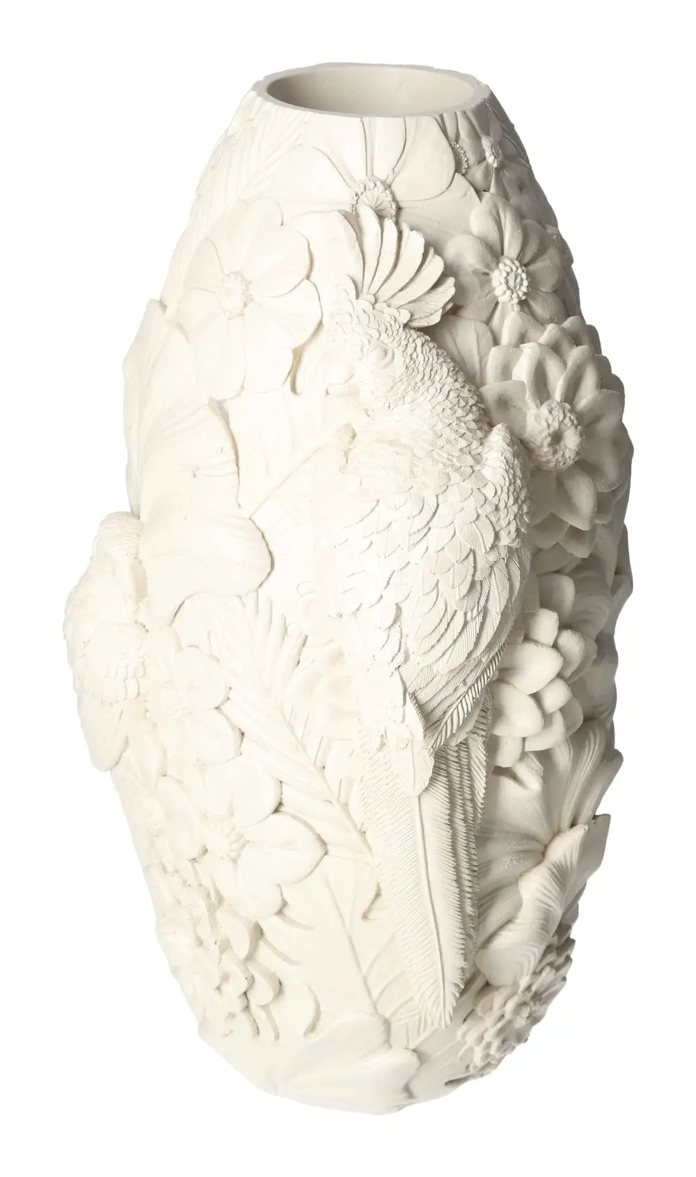 Beige polyresin vase featuring intricate bird motif, embodying elegance and luxury in home decor by Sylvia Crystals.