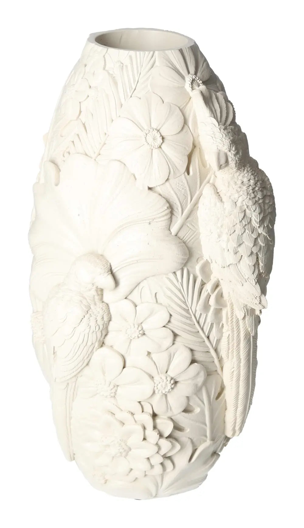 Elegant beige polyresin vase with intricate bird and floral motifs, perfect for enhancing luxe home decor, size 16x15.5x29.5 cm.