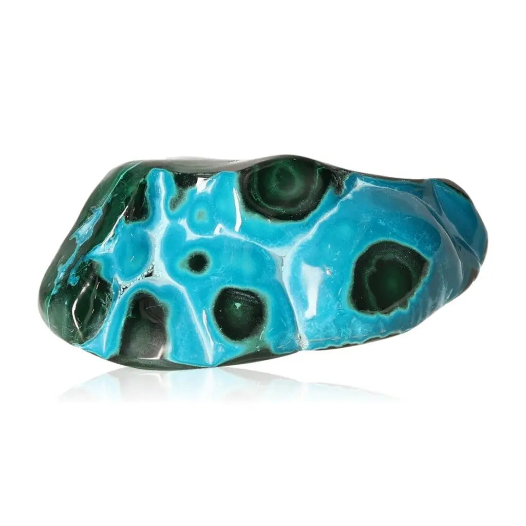 Blue Chrysocolla with Malachite gemstone showcasing vibrant blue and green hues, known for peace and emotional healing properties.