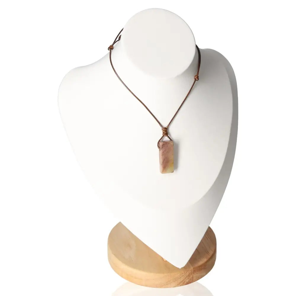 Boho Necklace with Amazonite Pendant on Display Bust, showcasing serene elegance and calming energy, perfect for harmony seekers.