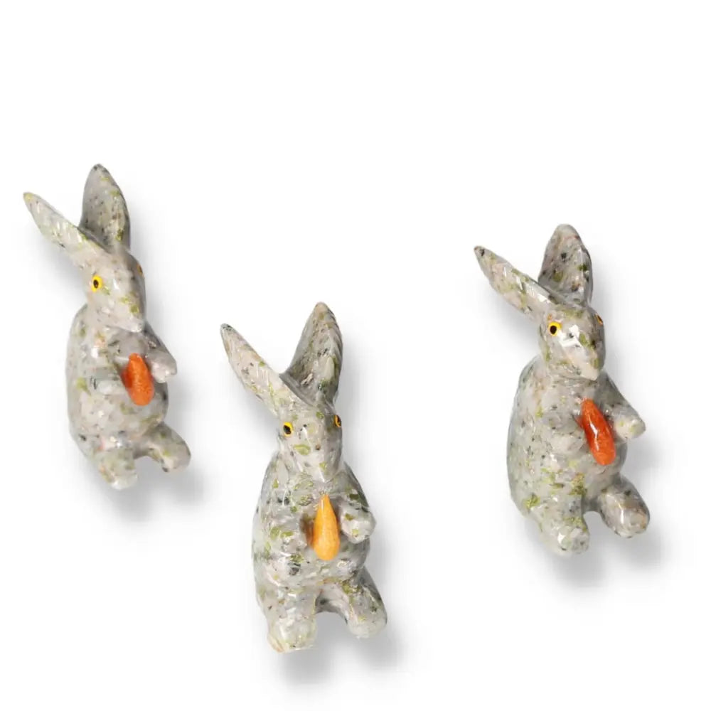Carved Dolomite Rabbit sculptures enhancing décor with grounding properties, reducing anger and fear by Sylvia Crystals.