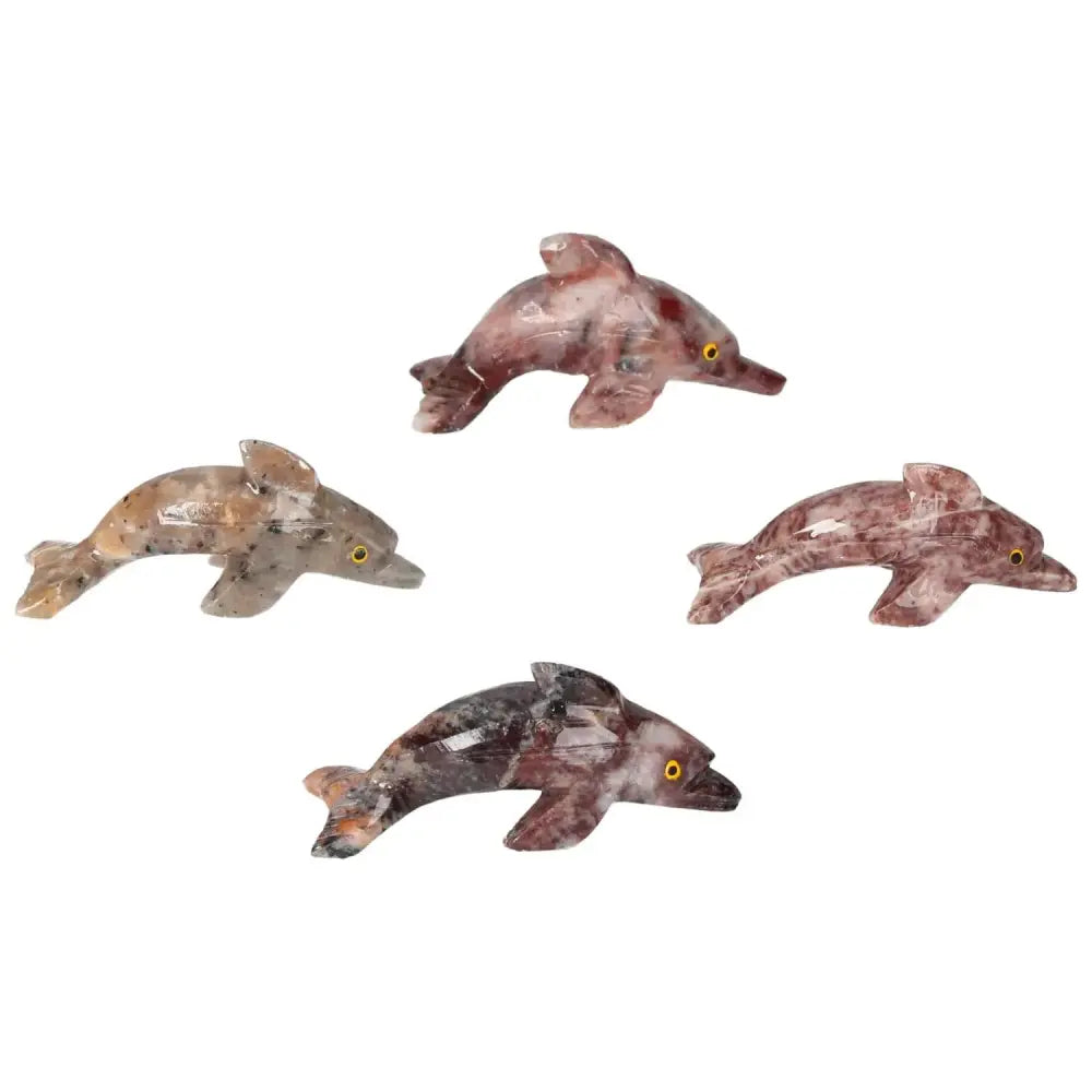 Carved Magnesite Dolphin figurines from Sylvia Crystals, enhancing meditation with spiritual and decorative elegance.