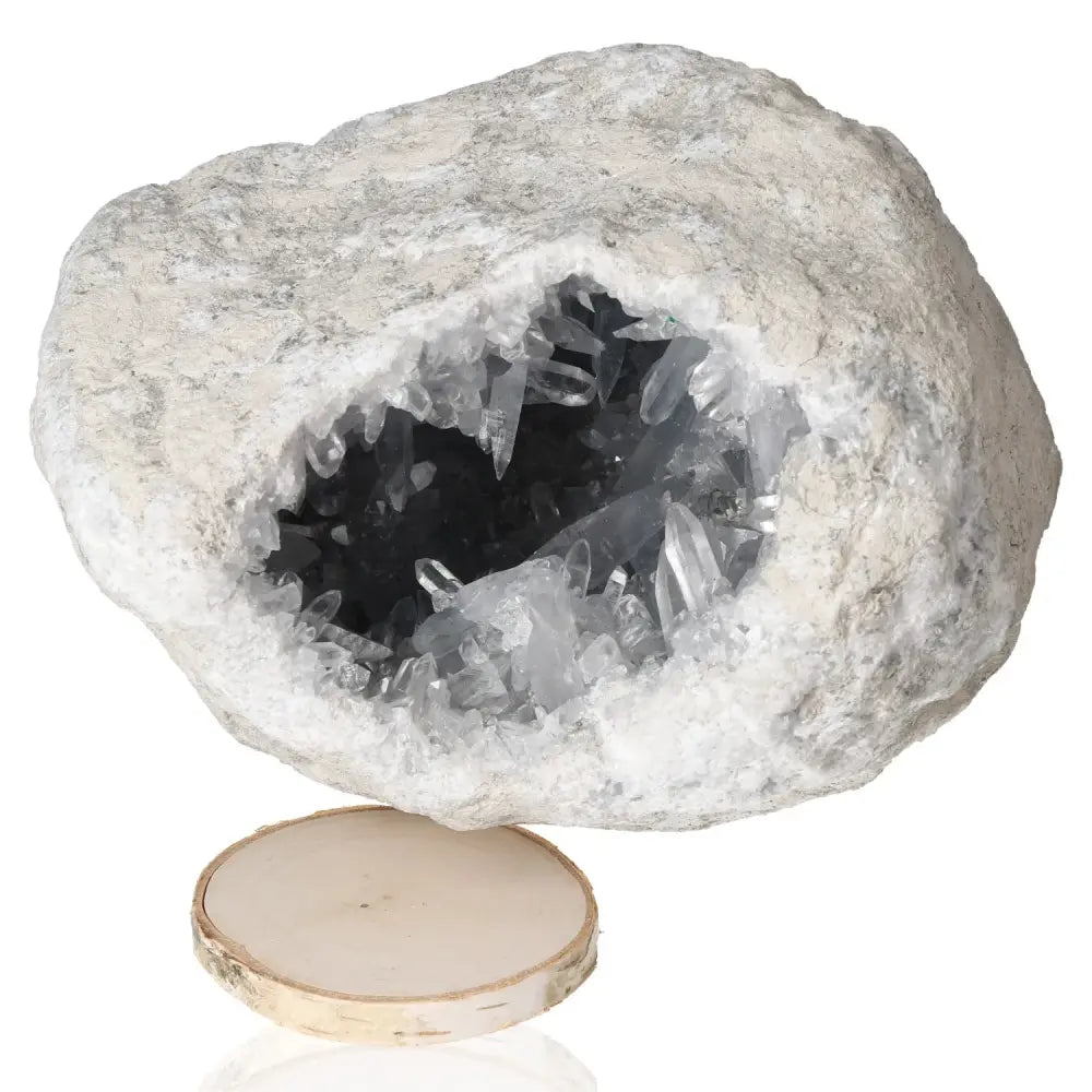 Celestite crystal geode displaying tranquil hues and spiritual properties with serene energy for peace and harmony.