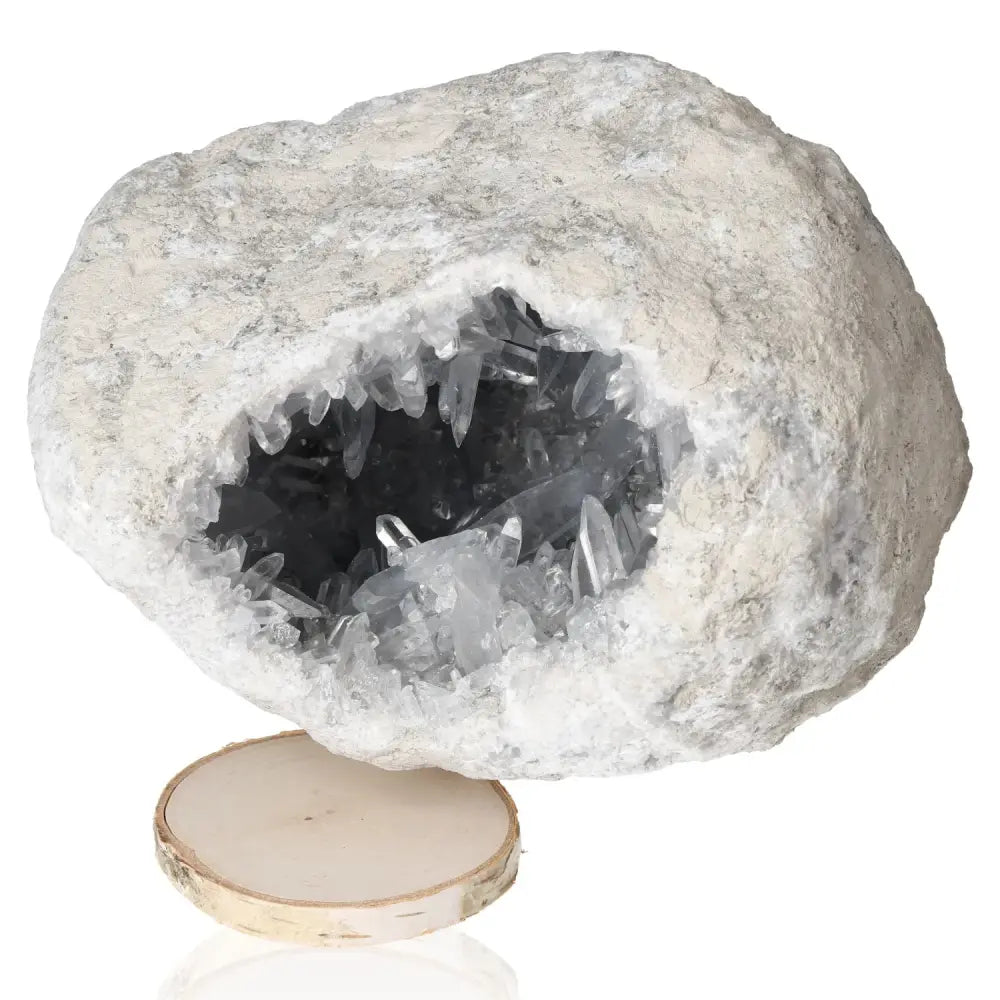Celestite crystal geode displaying serene blue hues for tranquility and spiritual connection.