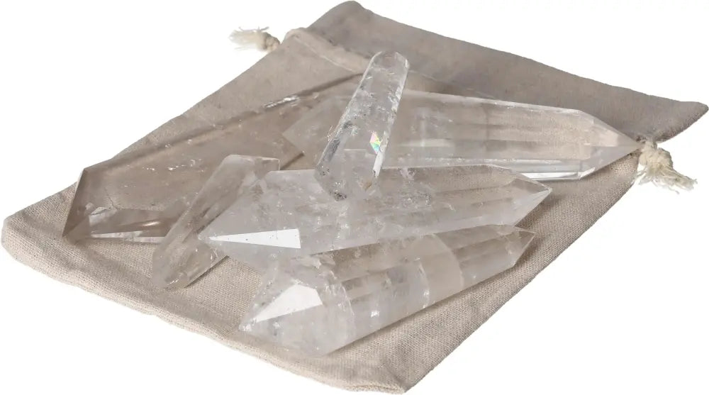 Clear Quartz Point set of 6 on fabric pouch for purification and energy harmonization, neutralizing vibrations and radiation.