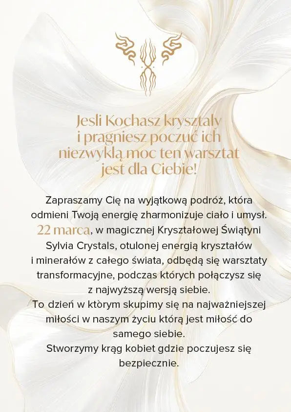 Polish language advertisement for a crystal consciousness activation workshop in March, with elegant white and gold design.