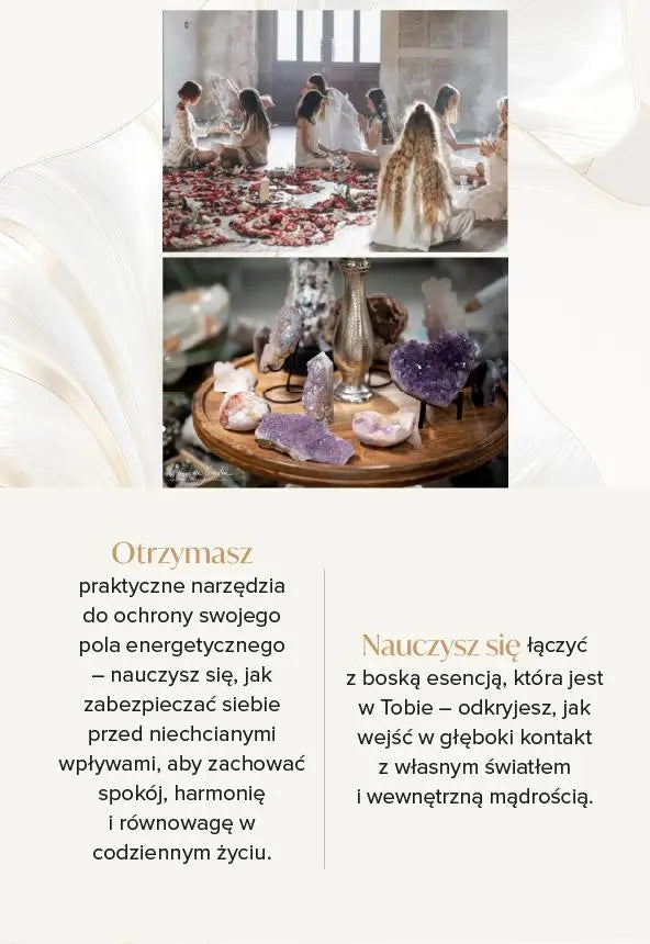 Group meditating in crystal workshop; crystals displayed on a wooden table. Text about energy protection and divine essence connection.