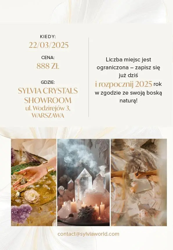 Crystal Consciousness Activation Workshop 2025 invitation featuring elegant imagery and event details at Sylvia Crystals Showroom.