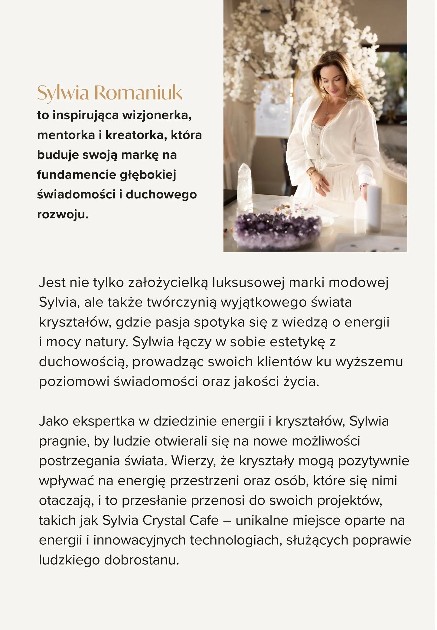 Woman arranging crystals in an elegant showroom, promoting spiritual growth and energy awareness.