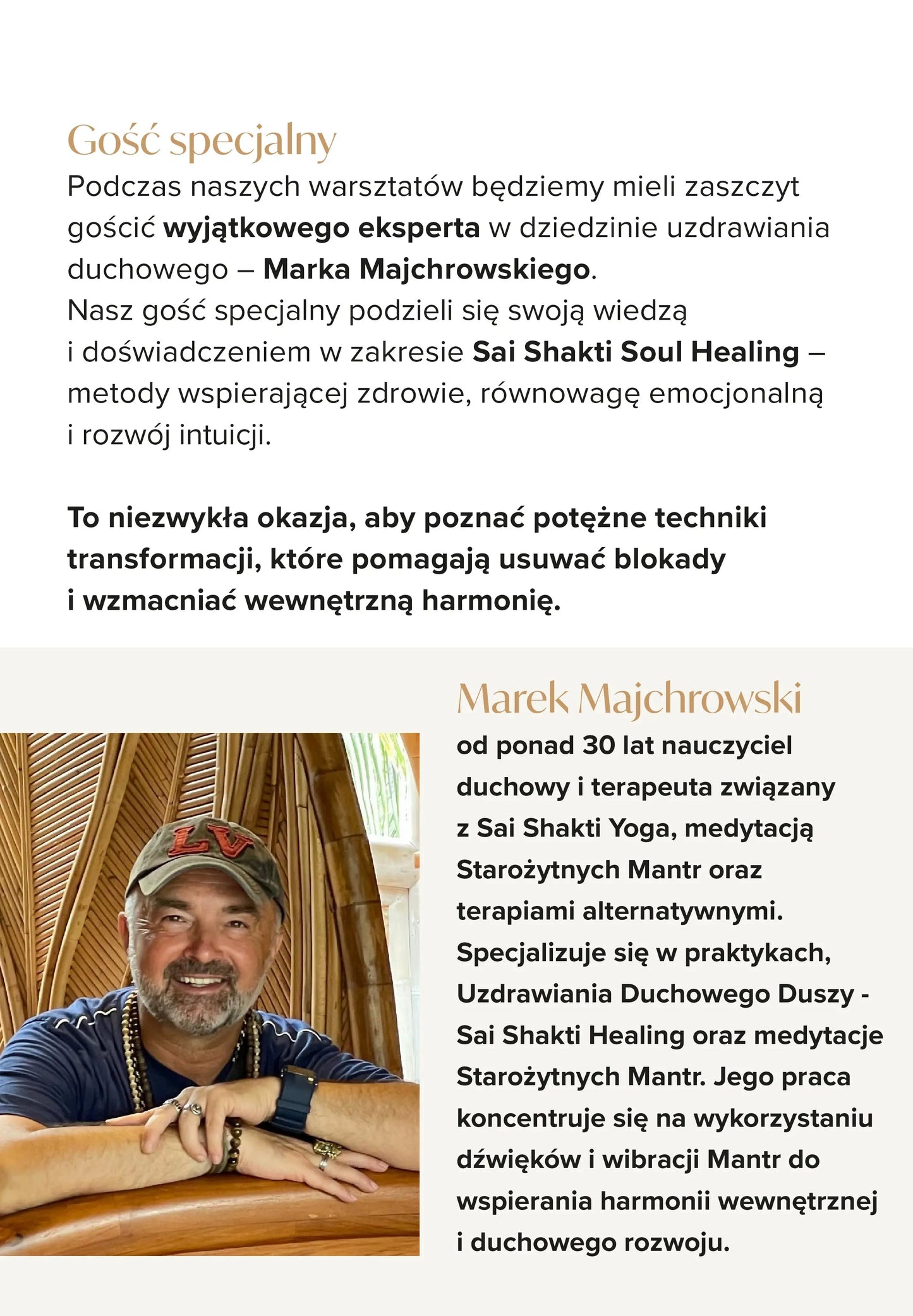 Event flyer featuring Marek Majchrowski, expert in Sai Shakti Soul Healing, at an upcoming workshop.