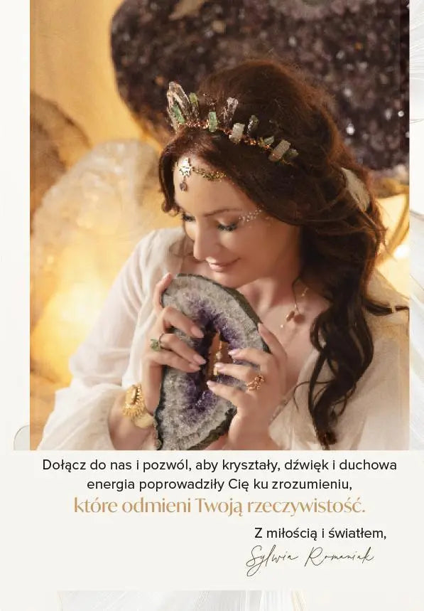 Woman embracing a crystal geode, symbolizing spiritual awakening at Crystal Consciousness Activation Workshop.