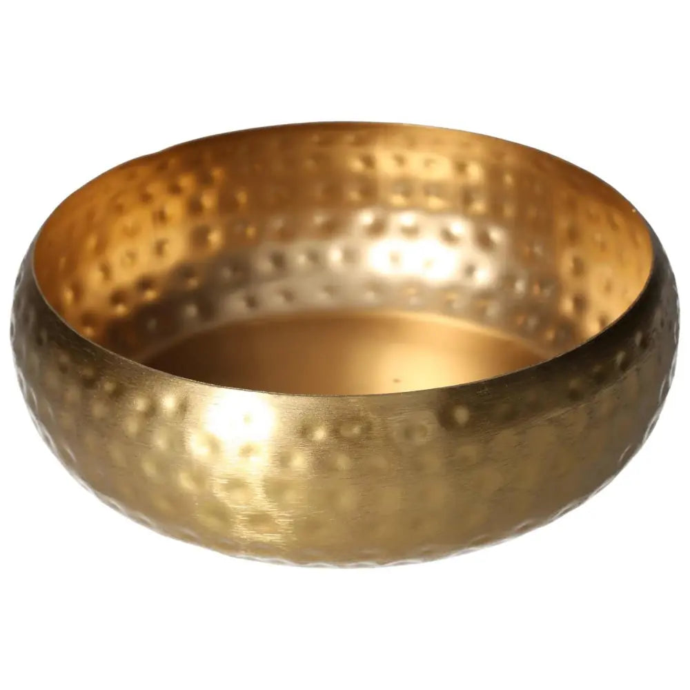 Golden decorative bowl with intricate design, featuring a hammered texture for a luxurious and elegant touch.