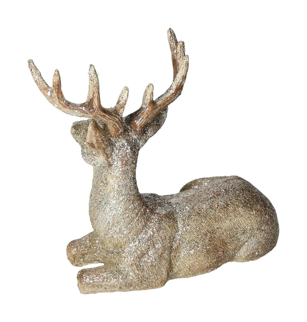 Elegant deer figurine with glitter accents, crafted from poly resin, part of Sylvia Crystals' luxurious home decor collection.