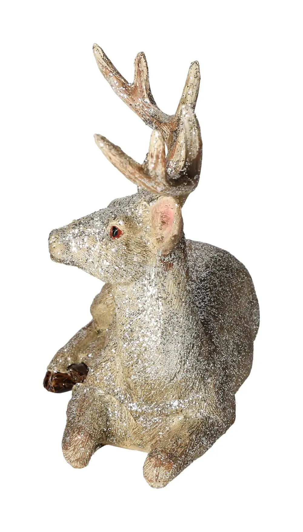 Deer with glitter lying made of poly resin in champagne color, elegant decorative piece by Sylvia Crystals.