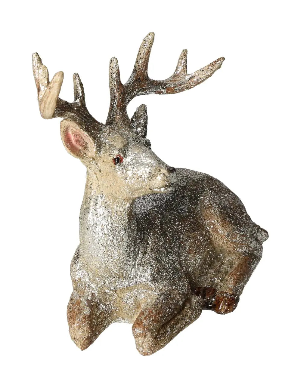 Deer with glitter deco figure, champagne poly material, elegant Sylvia Crystals design, lying position.