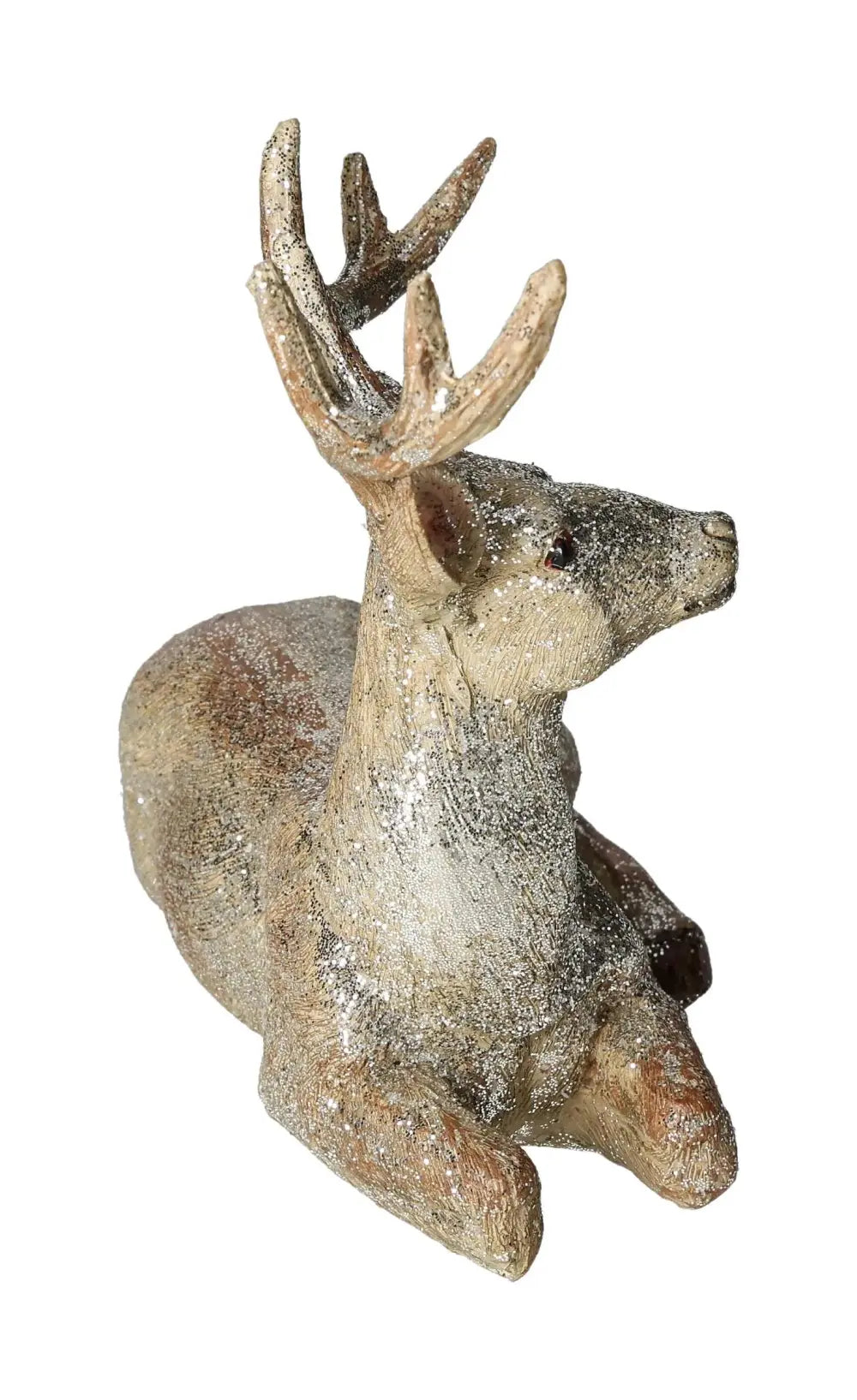 Champagne-colored glittery deer figure, made of poly, lying gracefully with antlers, elegant home decor by Sylvia Crystals.