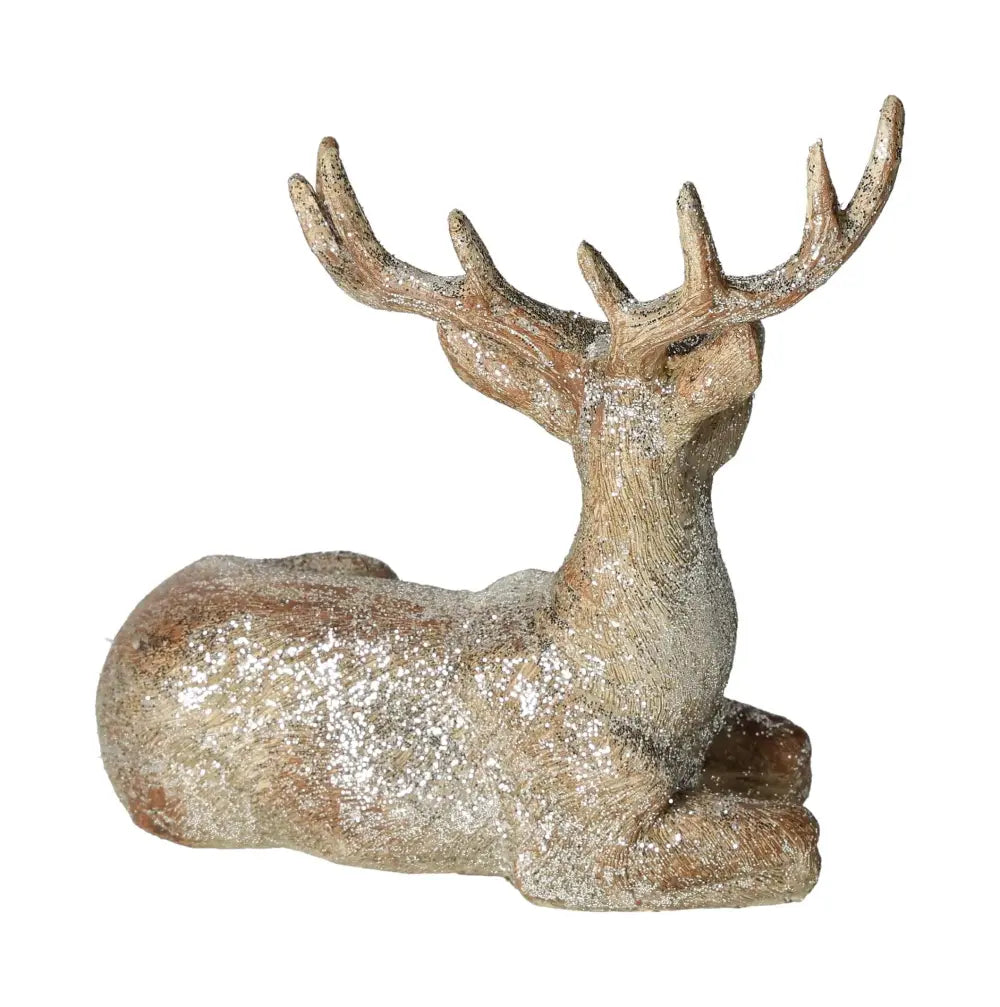 Champagne poly deer figure with glitter accents, showcasing elegant craftsmanship, from Sylvia Crystals' premium decor collection.