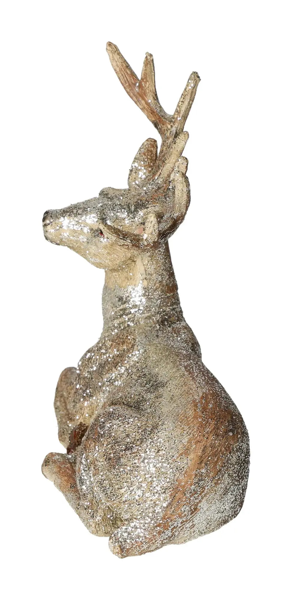 Deer figurine with glitter, champagne color, made of poly material, from Sylvia Crystals collection, elegantly seated.