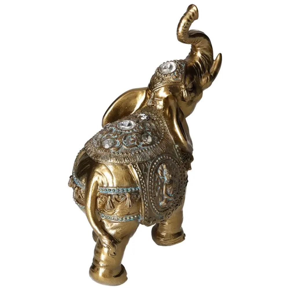 Gilded Elephant Home Decor Figure adorned with intricate designs symbolizing strength and wisdom, crafted by Sylvia Crystals for luxury interiors.