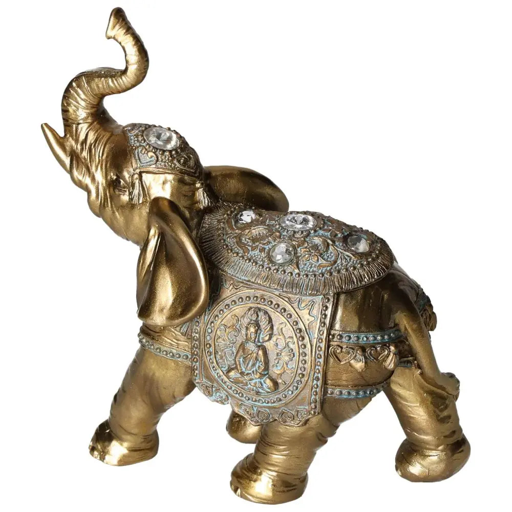 Golden Elephant Home Decor Figure with intricate designs, reflecting wisdom and elegance, crafted by Sylvia Crystals.