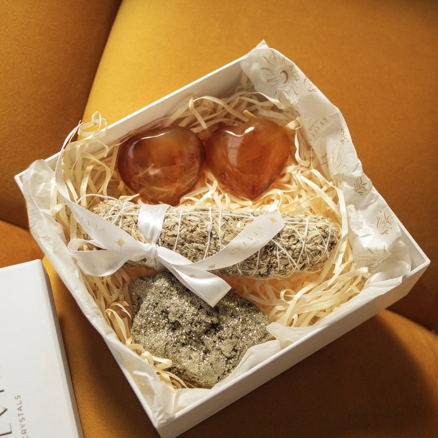 Eternal Love Gift Box with Carnelian Hearts, White Sage Leaves, and Rough Pyrite for Valentine's Day