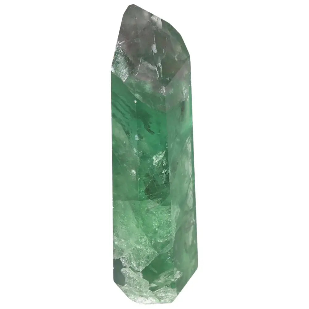 Polished Fluorite point crystal for focus and energy flow with green and purple bands promoting clarity and mental balance.