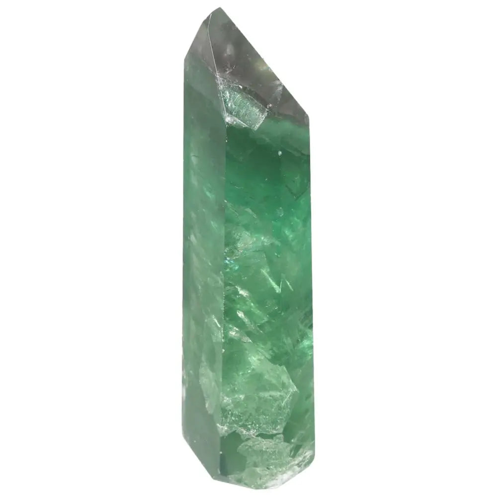 Green and purple fluorite point crystal for focus, clarity, and energy flow in mental clarity and stress reduction.