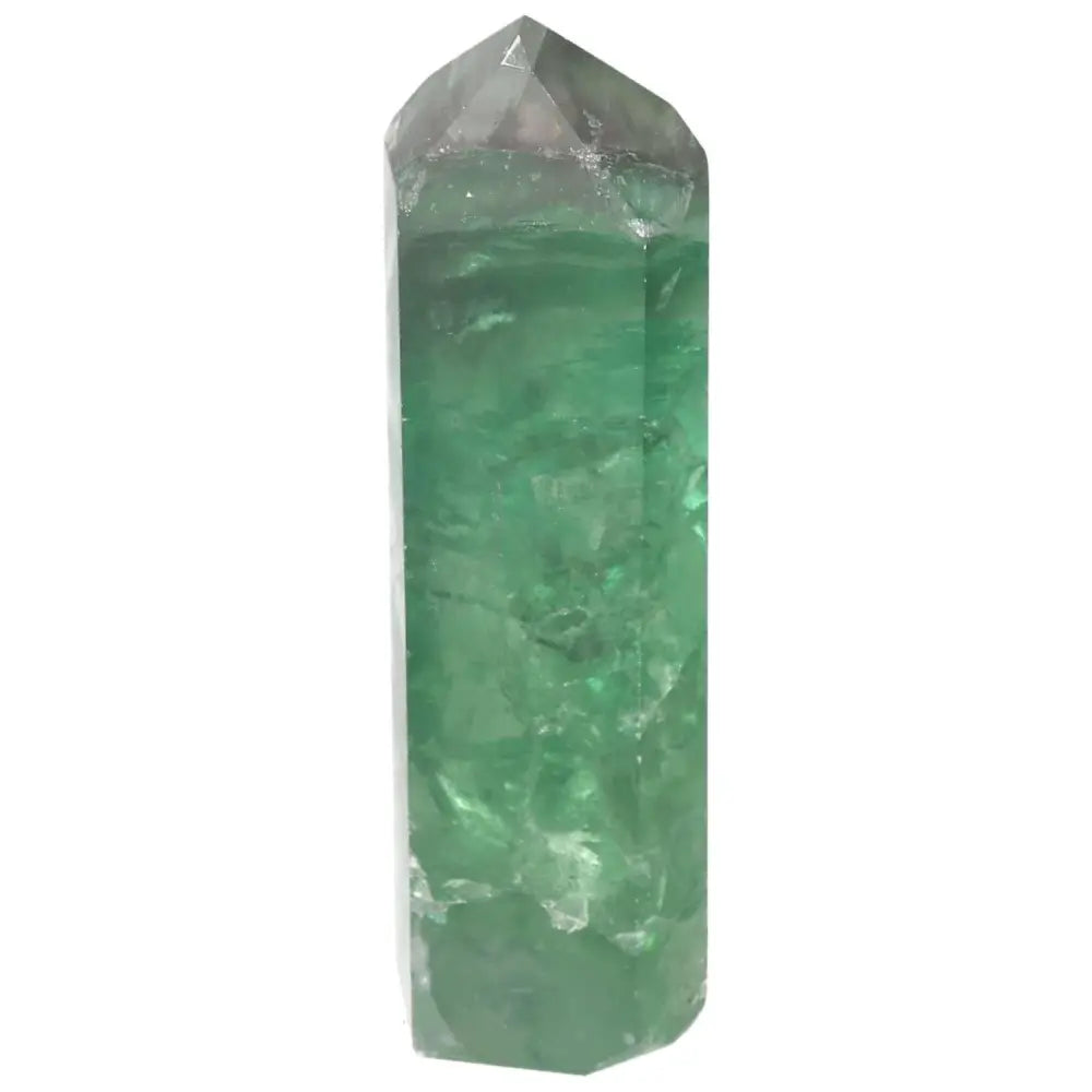 Fluorite point crystal, green hues, for mental clarity, focus, and energy flow, enhances concentration and spiritual awareness.
