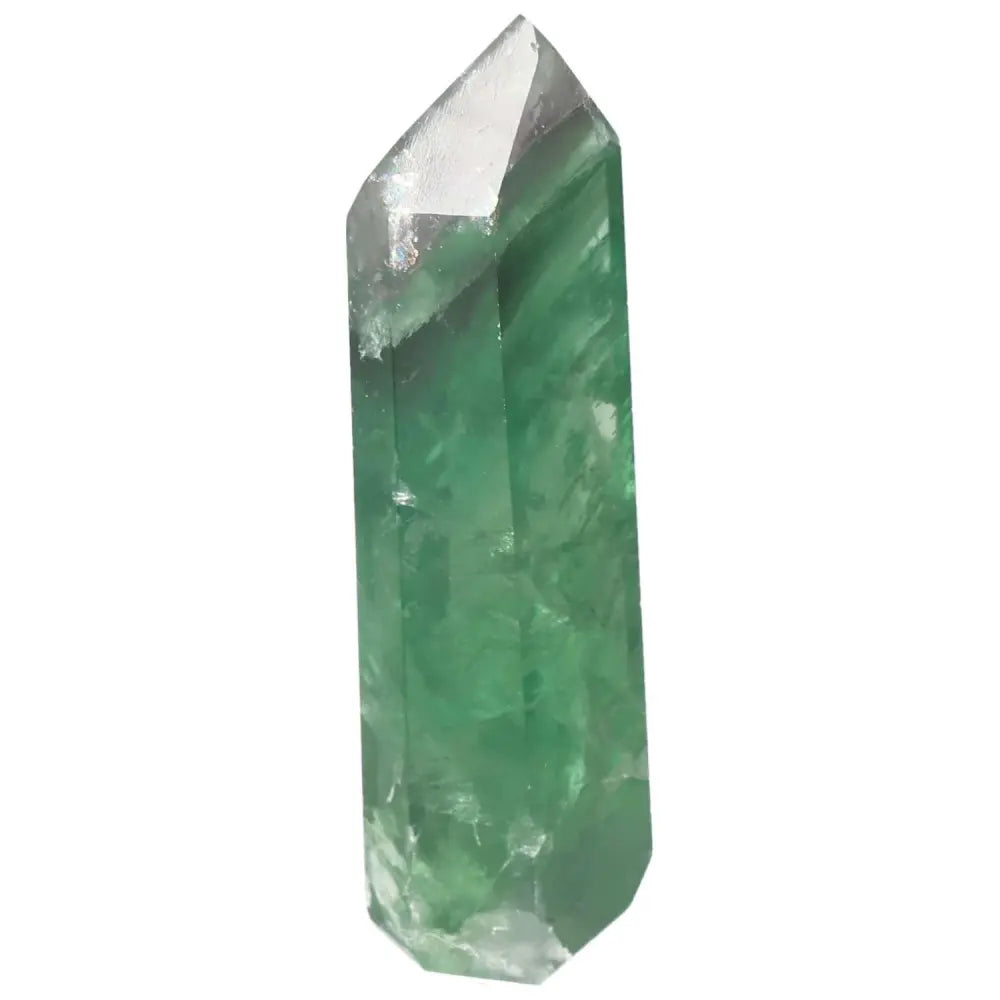 Polished green fluorite point crystal for focus, clarity, and energy flow with vibrant color bands.