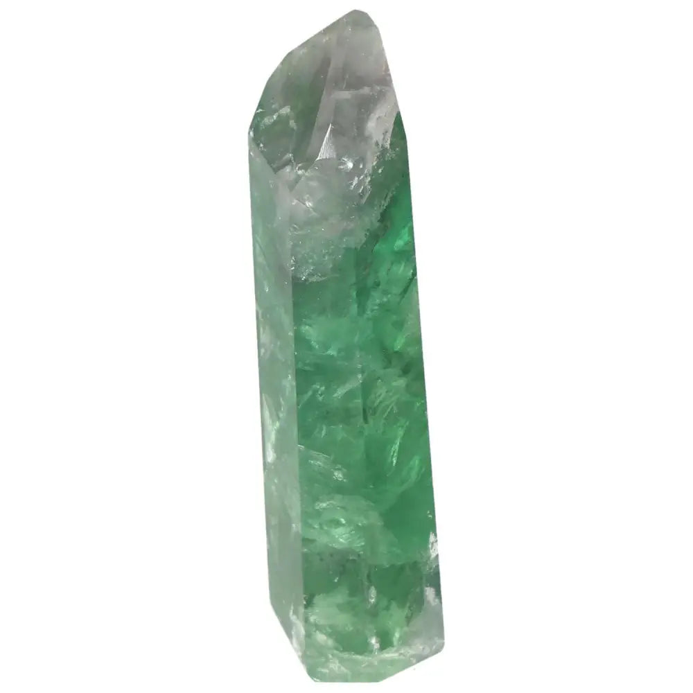 Polished green Fluorite point crystal for focus, clarity, energy flow, featuring vibrant bands of color to enhance concentration and intuition.
