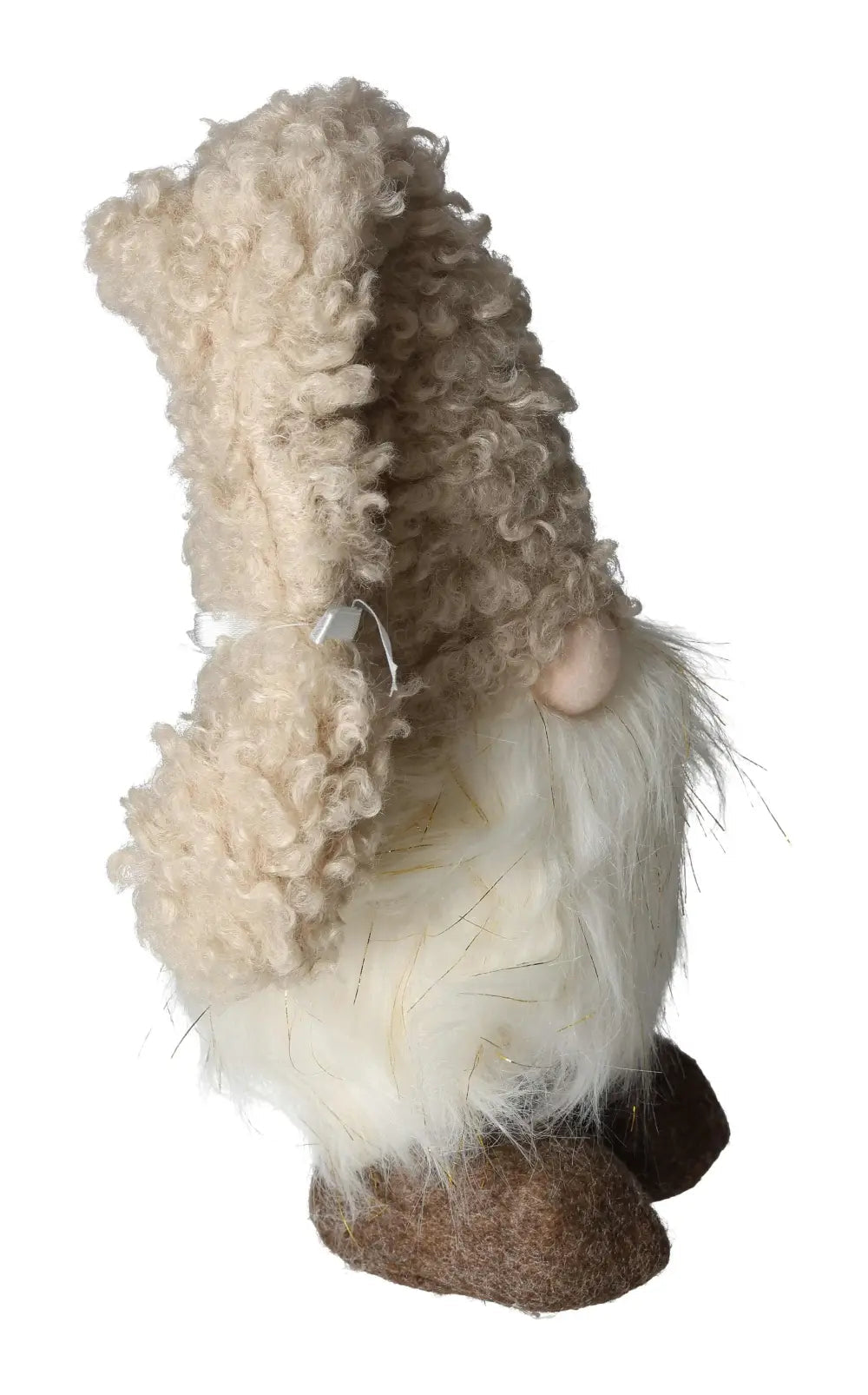 Elegant textile white gnome with curly hat, crafted by Sylvia Crystals, embodying premium artwork and sophistication.