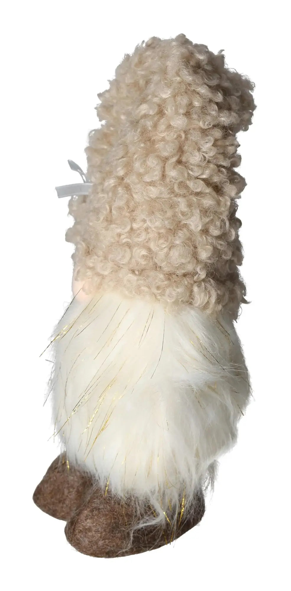 Side view of elegant white textile gnome from Sylvia Crystals, featuring a fluffy hat and delicate details, embodying sophistication.