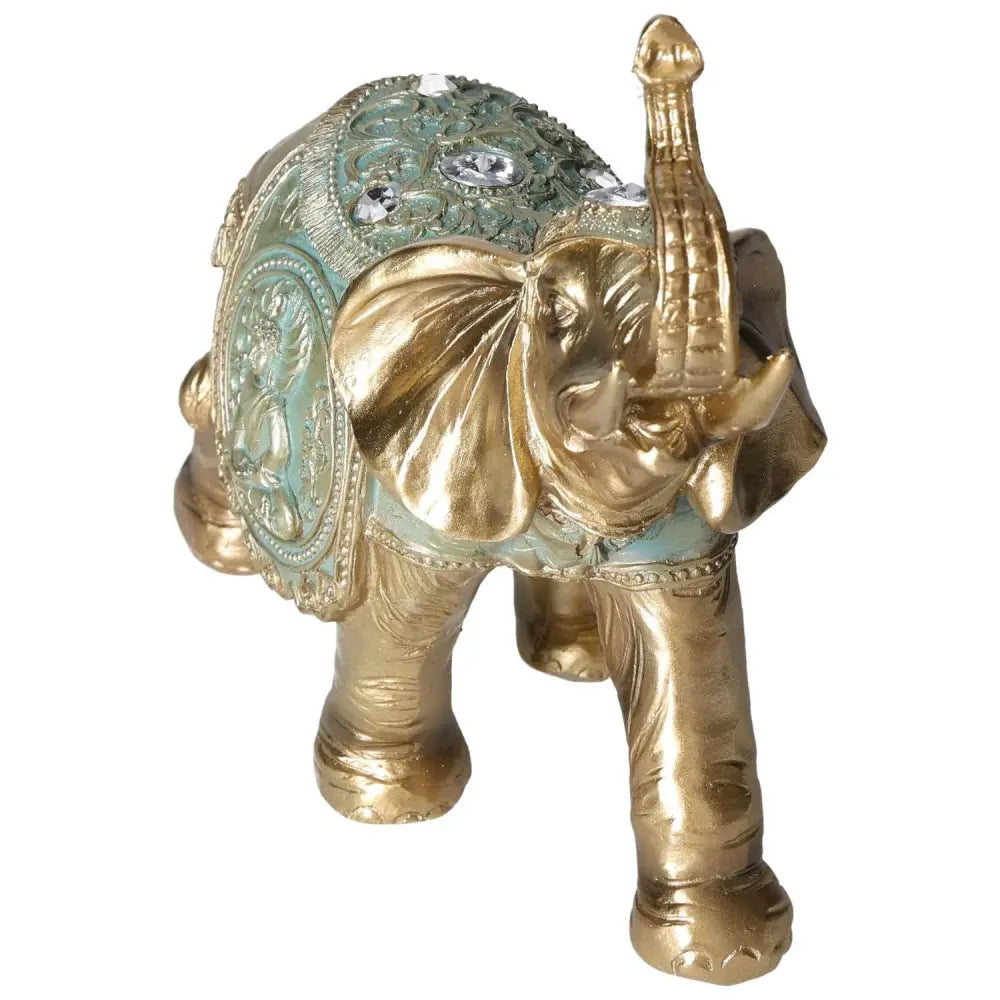 Golden polyresin elephant figurine with crystal accents, symbolizing luxury and harmony. Crafted by Sylvia Crystals.