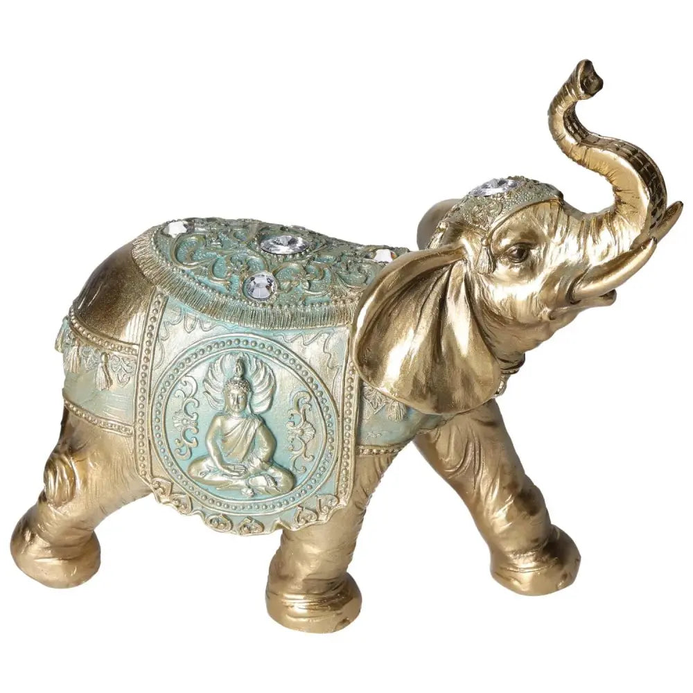 Gold polyresin elephant figurine with ornate designs and Buddha engraving, symbolizing luxury and spiritual harmony.