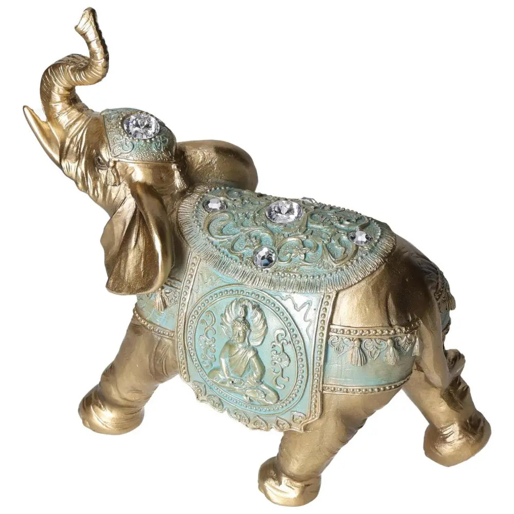 Luxurious polyresin gold elephant figurine with intricate detailing and rhinestone accents, symbolizing elegance and harmony.