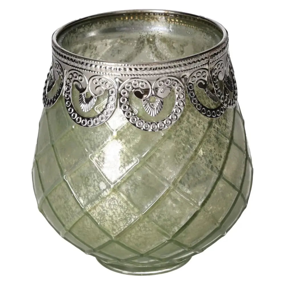 Elegant green glass lantern with intricate silver detailing by Sylvia Crystals, reflecting luxury and nature's harmony.