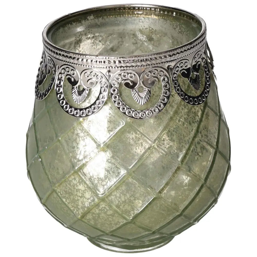 Elegant Green Glass Lantern by Sylvia Crystals with intricate silver detailing for a luxurious and nature-inspired decor.